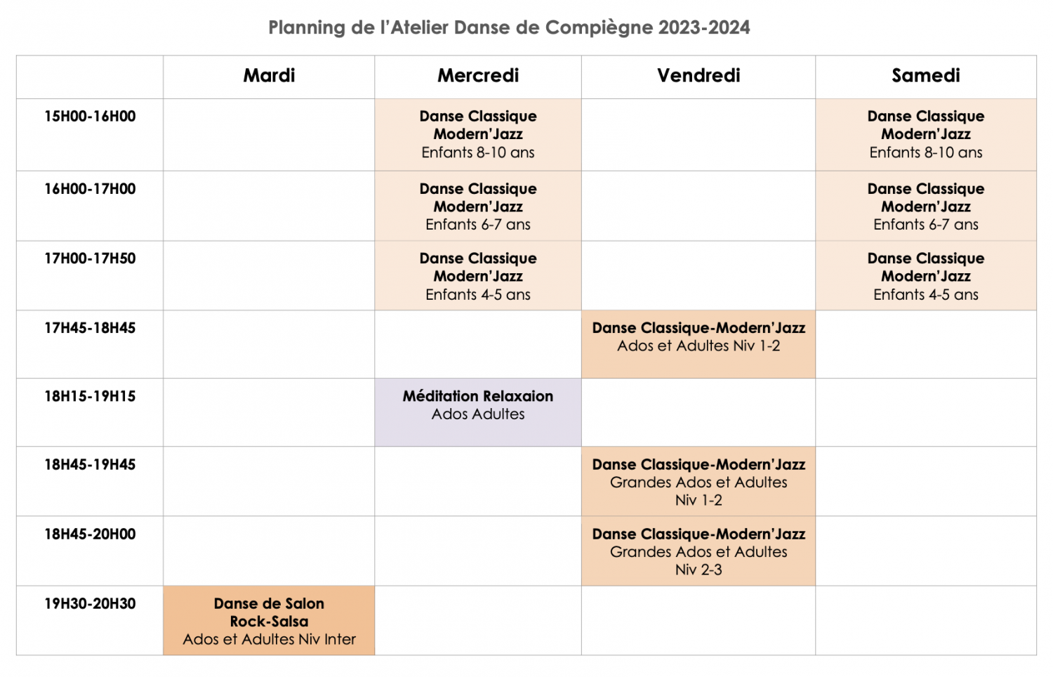 Planning de l'Atelier Danse, Méditation, Relaxation à Compiègne - 2023-2024